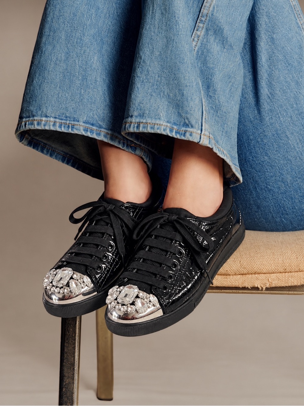 Miu Miu Crystal Cap Toe Black Patent Leather Sneakers Shoes EUC Youth4